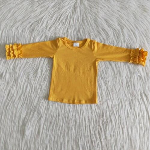 Childrens Boutique Clothes Little Toddler Girls Ruffles Sleeve solid color Yellow long Sleeve Shirt O-Neck Tops