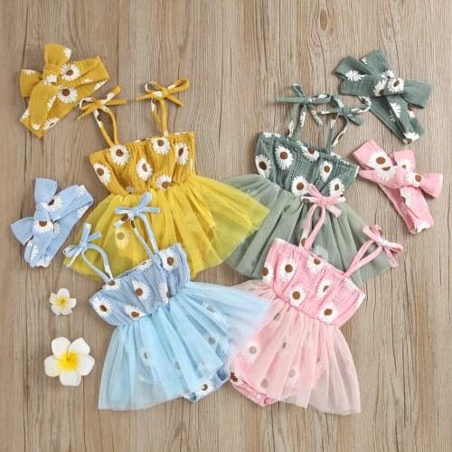 2Pcs Baby Summer Outfit, Daisy Print Tied Spaghetti Strap Romper Skirt + Hairband for Toddler Girls, 0-18 Months