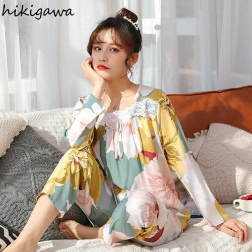 Hikigawa 2021 Pajamas for Women V-neck Long Sleeve Pantsuits Japanese Floral Two Piece Set Pijamas De Mujer Pujama Pour Femme