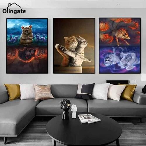 Fantasy Animal Reflection Canvas Paintings Cat Mouse Wolf Poster and Prints Modern Wall Art Picture for Home Living Room Decor