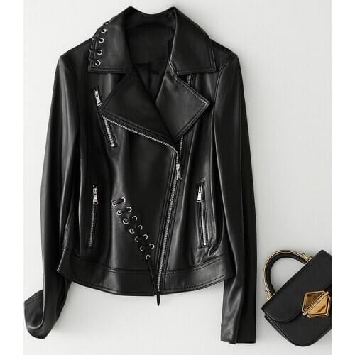 Female Lace Up Real Short Coat Motorcycle Black Slim Genuine Leather Jacket Women Autumn Winter Warm Sheepskin Outwear