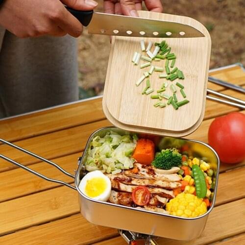 Stainless Steel Lunch Box With Multifunctional Lid Camping Bento Case Folding Handle BBQ Container Food Plate Cutting Tableware