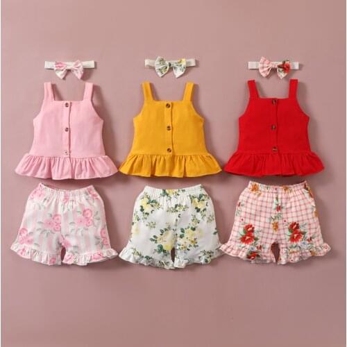 Baby Summer Toddler Clothing Girl Set Sleeveless Solid Color Sling Button Tops + Floral Print Shorts Suit + Headband