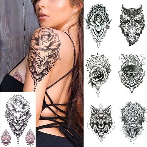 Lotus Temporary Tattoos For Women Black Laces Diamond Fake Jewelry Tattoo Mandala Henna Lion Rose Waterproof Tatoos Wolf Owl Arm