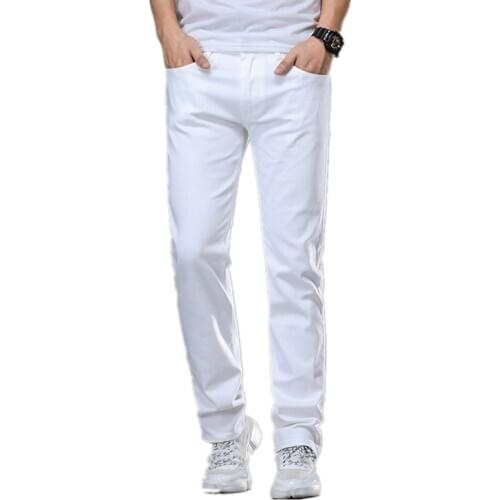 Men White Jeans Stretched Slim Fit Boys Casual Male Plus Size Oversized Elastic Pure Red Youth Fashion Denim Pants Long Trousers