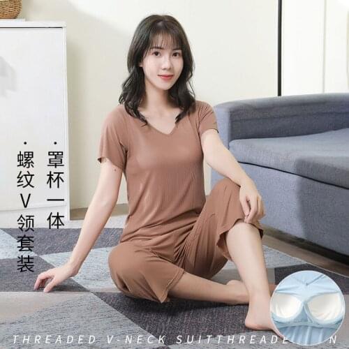 Pajamas womens short-sleeved nine-point pants home service suit sports leisure loose thin cup one-piece home suit
