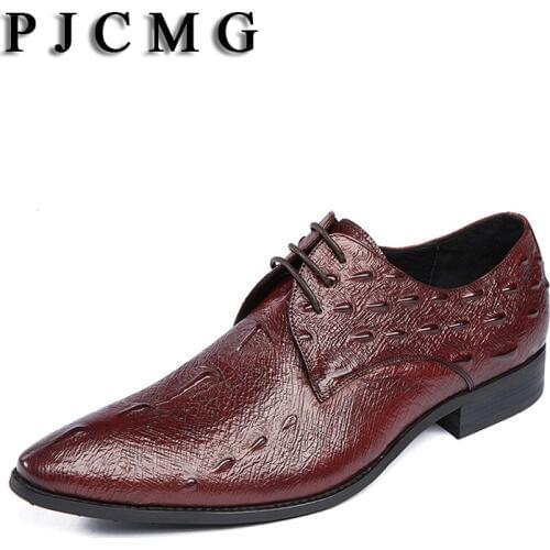 PJCMG Fashion High Quality Comfortable Brand Men Crocodile Pattern Genuine Leather Lace-up Pointed Toe Flats Oxfords Men Shoes