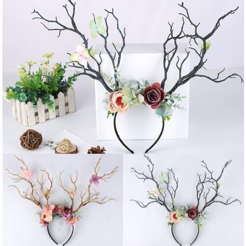 Gothic Antlers Deer Horns Branch Flower Twig Hair Band Headband Cosplay Christmas Costume Hairband Photo Props Fancy Head Dress