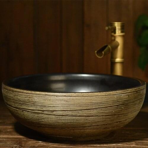 Bathroom Artistic Line Basin Art Ceramic Washbasin Round Hand Made Bathroom Sink Balcony Countertop Basin Bowl For Hotel Club