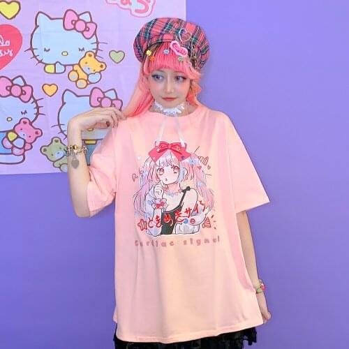 Japanese Harajuku two dimensional cartoon printing cartoon sweet loose soft girl round neck T-shirts tees