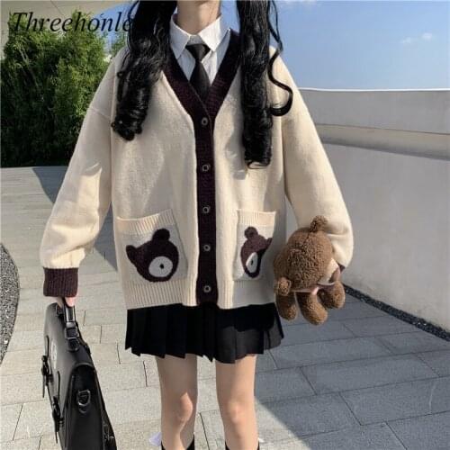 Japanese Chic Kawaii Women Sweater 2021 Autumn Sweet Preppy Kawaii Cartoon Printed Knitting Jk Uniform Cardigan Sweaters