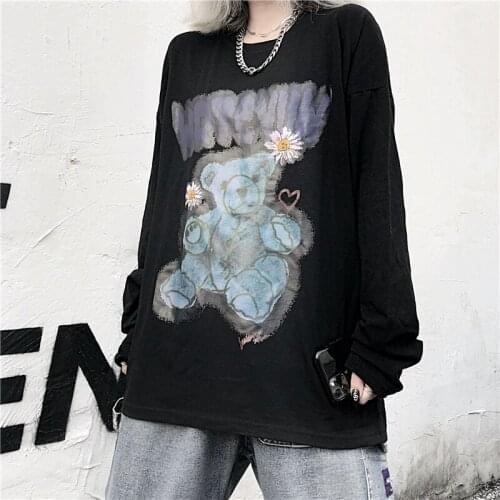 Summer Korean Letter Bear Cartoon INS Print Tops Hip Hop Harajuku Chic Cotton Streetwear Oversized Casual Vintage Women T-shirt