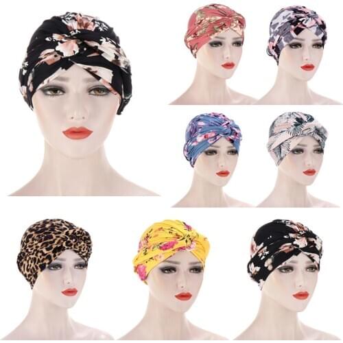 Women Printed Muslim Hats Hijab Cross Knotted Chemo Cap Beanie Scarf Turban Head Wrap Bandanas Vintage Headawear Accessories New