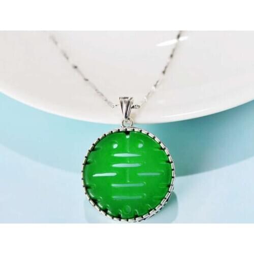 Pure S925 Silver Necklace Pendant Women Green Jadeite Round Necklace Pendant
