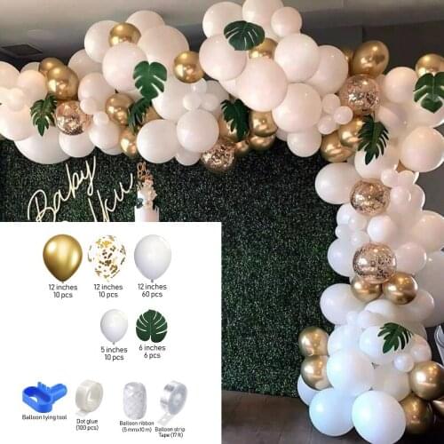 100Pcs White Balloon Garland Arch Kit Gold Confetti Latex Balloons for Wedding Kids Jungle Birthday Party Baby Shower Decoration