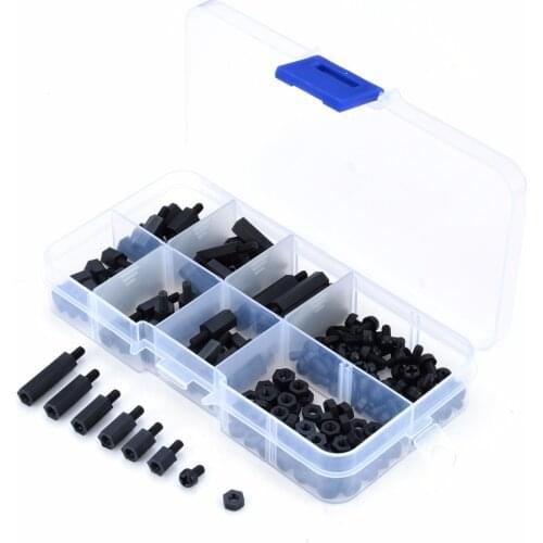 180pcs/Set Practical Black M3 Nylon Hex Spacers Male-Female Screws Nuts Stand-off Fasteners Kit With Plastic Box For Electronics