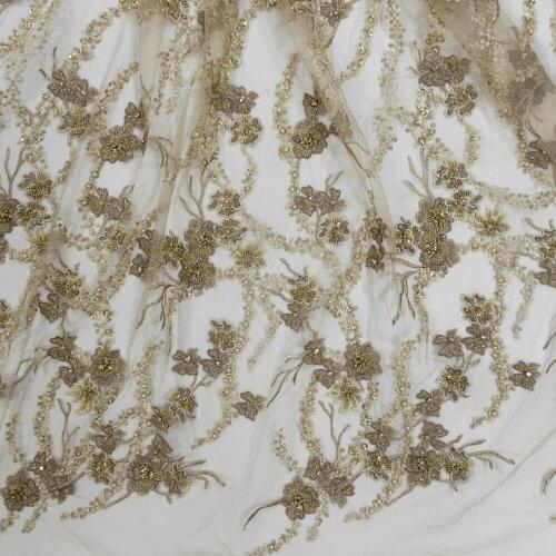 2021 Latest Nigeria Gold Beaded Wedding Bridal Gown Lace Embroidery with Pears Stones HY1392