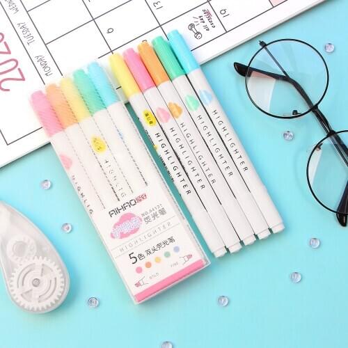 5Pcs /Box Eye Protection Double-head Highlighter Set Manual Diary Decoration Lamp Color Marker Pen Thin Line Pen Fixed