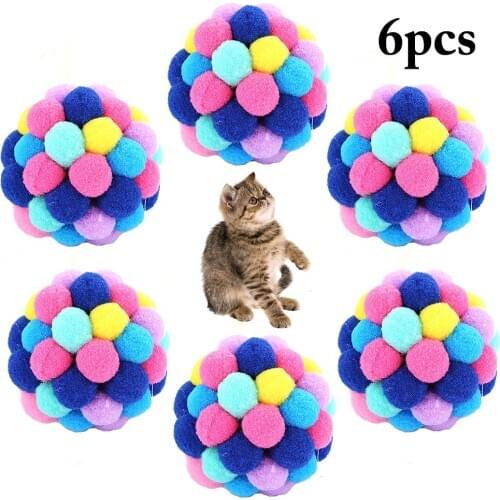 6PCS Plush Cat Ball Toy Creative Funny Interactive Cat Play Toy Colorful Bell Bouncing Ball Pet Cat Training Toy Color Random