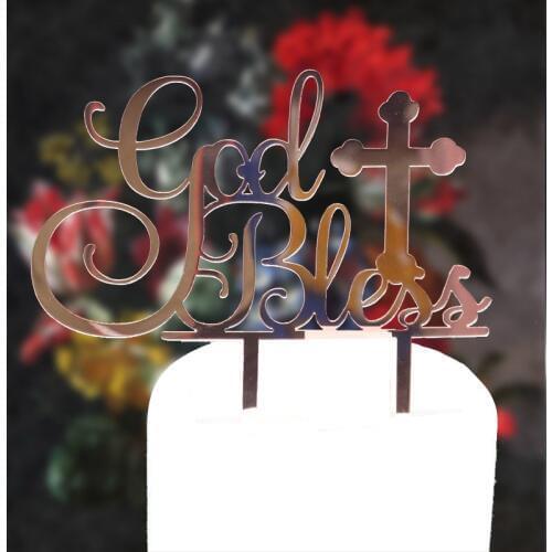 God Bless Acrylic Cake Topper Mirror Rose Gold First Communion Cupcake Topper For Baptism Baby Shower Party Cake Decorations