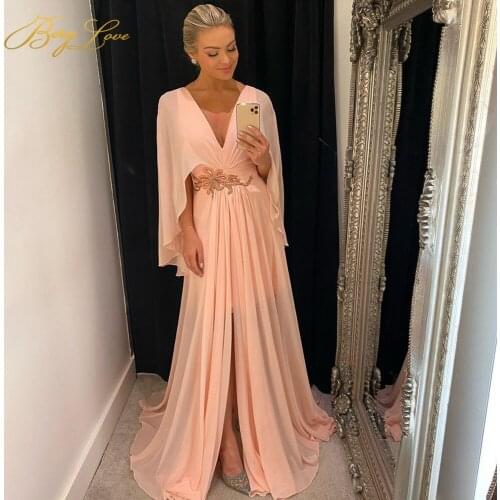 Berylove A Line Party Dress Blush Pink Appliques Elegant Gown Sexy Slit Shawl Sleeves Long Prom Dress Formal Evening vestidos