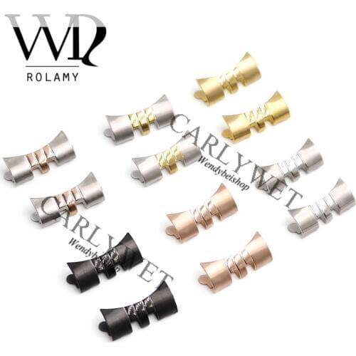 Rolamy 13 17 19 20 22mm New Stainless Steel Silver WatchBand Bracelet Middle polished Curved end Parts 2pcs for strap Rolex