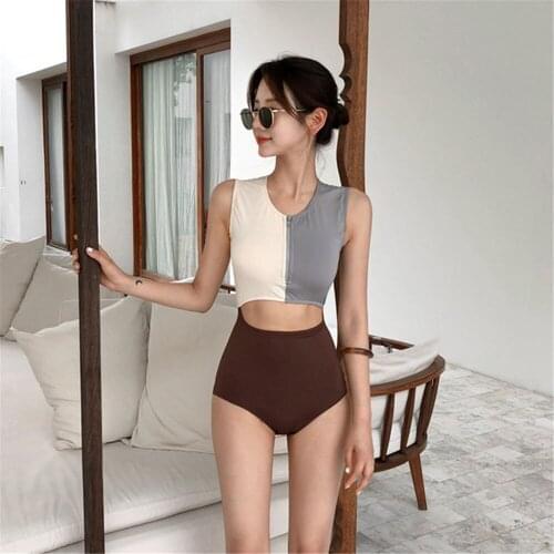 Cut Out One Piece Swimsuit Solid Patchwork Swimwear Women Push Up Monokini Zipper Trikini High Neck Bathing Suit Pad Swim Suits