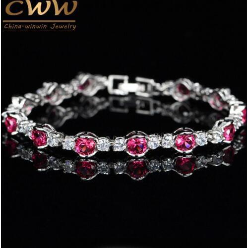 CWWZircons Classic OL Design Round Shape Cubic Zirconia Crystal Rose Red Tennis Chain Link Bracelet for Women CB020
