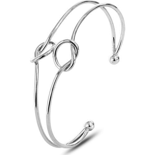 Double Metallic Bands Center Knotted Opening Silver Plated Golden Bracelets & Bangles for Women