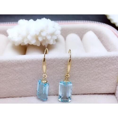 Grace simple square natural blue topaz gem drop earrings Natural gemstone earrings 18k yellow gold girl women party gift jewelry