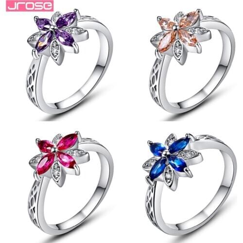 JROSE 4colors Flower Classic Marquise Cut Purple Blue Red White Champagne Cubic Zirconia White goldplated Ring Size 6 7 8 9 10