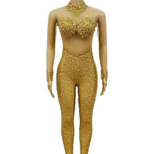 Gold Stones Mesh See Through Jumpsuit Women Birthday Celebrate Prom Party Transparent Outfit Evening Stretch Costumes