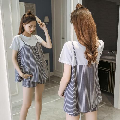 2PC Suits Sets Maternity Tops Shorts For Pregnant Women Clothes Casual Striped Pregnancy Top Clothing Summer Gravidas Maternity