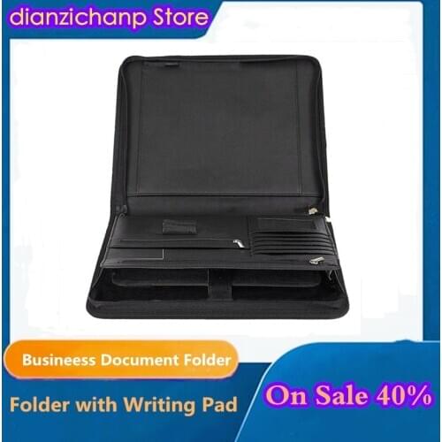 Leather Document Folder Zippered Multi-functional Organizer For Document with Writing Pad Card Pocket IPad/Table for Business