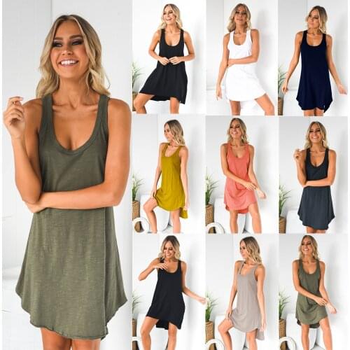 Summer Women Dress 2020 Sleeveless Hot Sale Solid Color U-Neck Sleeveless Racer Back Dress Lady Long Sleeve Winter Dress