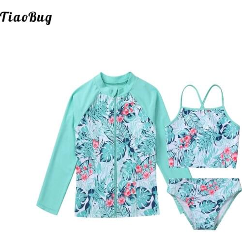 TiaoBug Summer 3Pcs Kids Girls Swimsuit Straps Sleeveless Tops With Briefs And Long Sleeves Front Zipper Closure Coat Swimwear