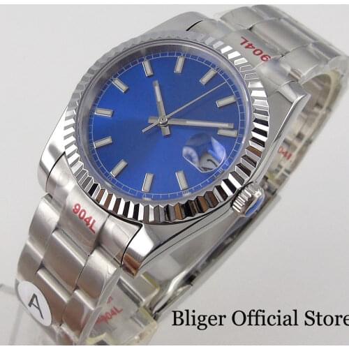 BLIGER Blue 36mm/39mm Fluted Bezel Automatic Men Watch Date Mganifier Japan MIYOTA 8215 Oyster Glide Lock Strap