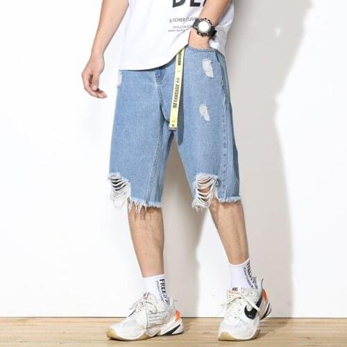 Holes Mens Denim Pants Blue Casual Thin Loose Straight Shorts Trend Summer Five-point Pants Plus Size Jeans