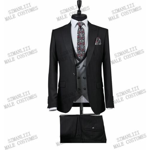 2021 Formal Business Men Suits Black Light Grey Vest Costume Wedding Groom Tuxedo Slim Fit Terno Masculino Prom Party Blazer