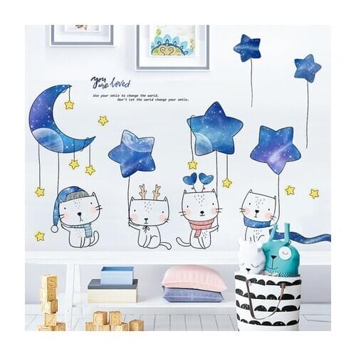 Kids Wall Decal Cartoon Cat Animals Stickers Star Moon Bedroom Room Decoration Wallpaper Nursery Decals Vinyl Mural Home Decor