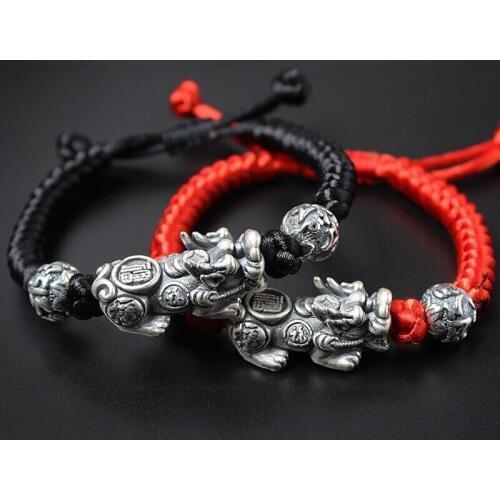 Real S925 Silver Bracelet Black Red Rope Retro Pixiu Bead Sutra Lover Gift 16cmL New