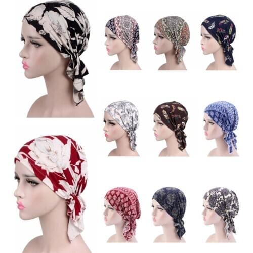 New Stretch Cotton Printing CHEMO CAP Pre-tie Style Spring Summer Brand Skullies Beanies Women Turban Chemotherapy Cap