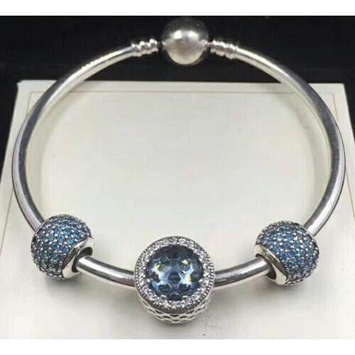 NEW 100% 925 Sterling Silver 791051NCB Blue Pave Ball Charm791725NMB MIDNIGHT BLUE RADIANT HEARTS CHARM Bracelet Set