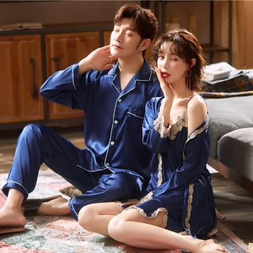 Couple Lounge Sleep Wear Silk Pajamas Set Women Lace Sling Nightdress With Robes Bride Wedding Sleepwear Mens Nightie Set Pajama