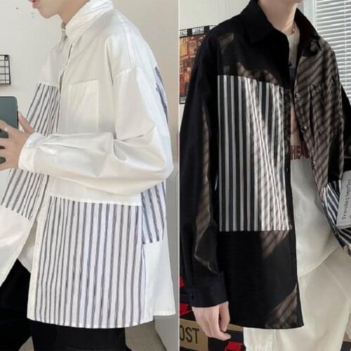 New Autumn Men Women Shirt Black White Loose Striped Patchwork Turn-down Collar Blouse Tops Unisex Casual Button Shirt