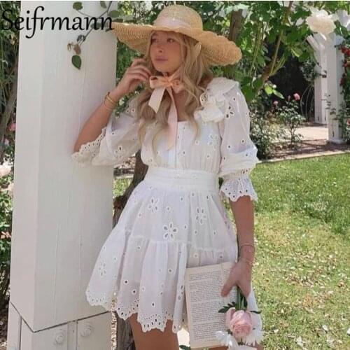 Seifrmann New 2021 Autumn Women Fashion Designer Mini Dress Flare Sleeve Ruffles Hollow Out White Print A-Line Dresses Vestidos