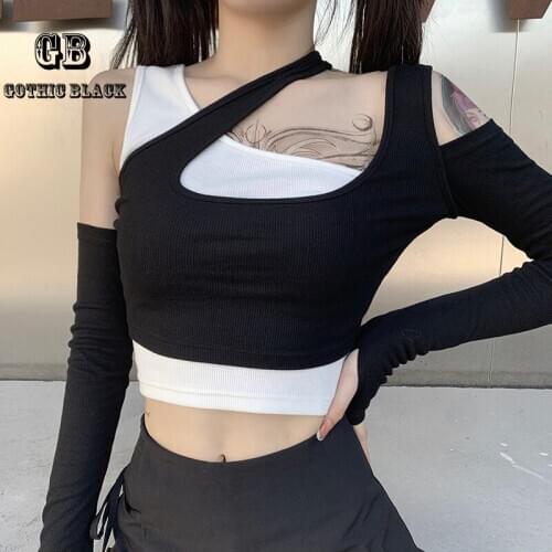 Gothblack Sexy Slim Hollow Out Hit the Color 2 Piece Set Streetwear Irregular Long Sleeve Crop Top And One shoulder Tank Top Set