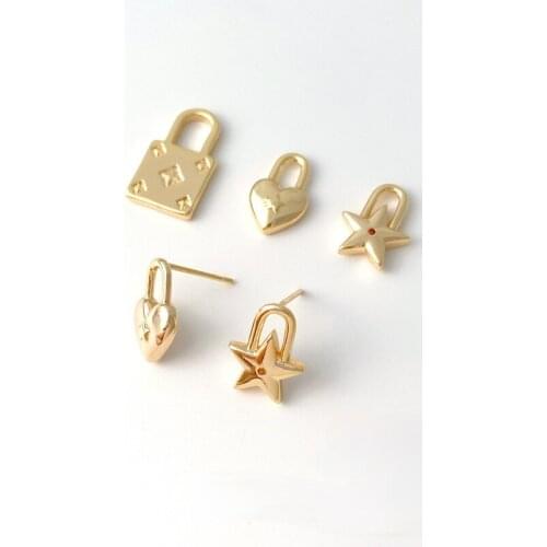18K gold bag fun love five-pointed star lock S925 silver needle stud earring lock pendant DIY couple necklace pendant