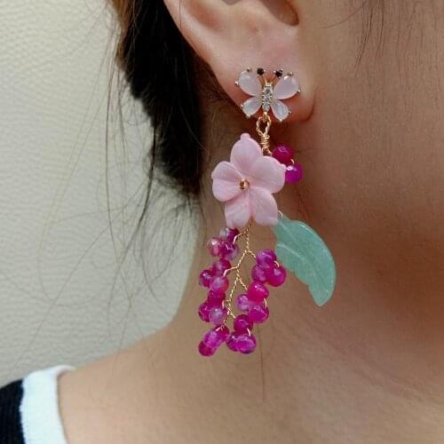 YYGEM Cute style Pink Shell Carved Flower Aventurine carved Leaf Fuchsia Agate Dangle Stud Earrings handmade earrings