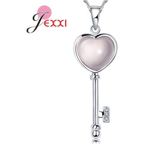 Sweet Lock Your Heart Charms Pendant Necklaces for Valentines Anniversary Gifts Real 925 Sterling Silver Pink Stone Key Jewelry